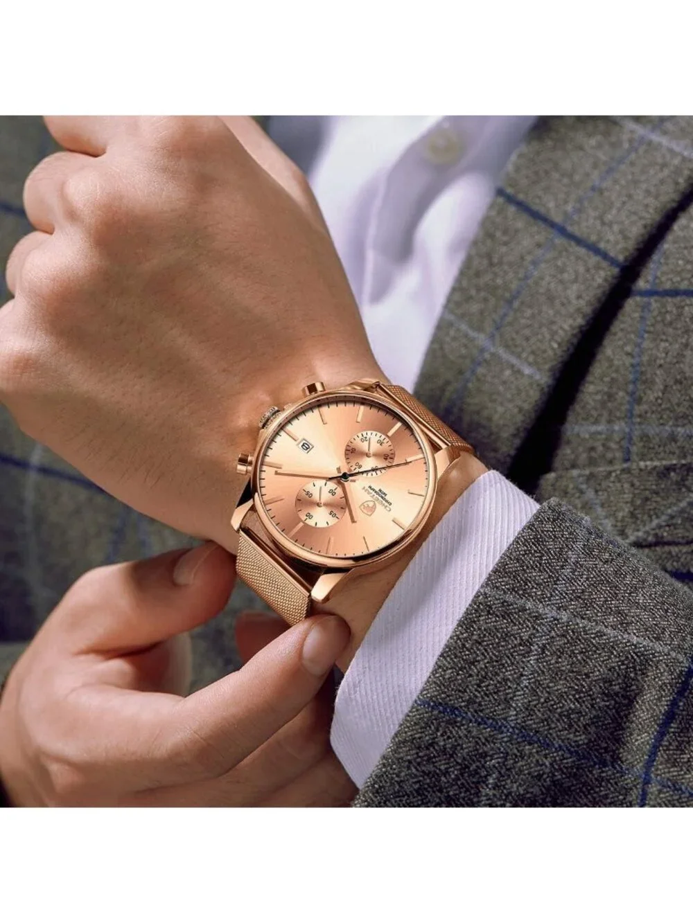 Men's Rose Gold Quartz Analog Mesh Strap Stainless Steel Chronograph Round Watch